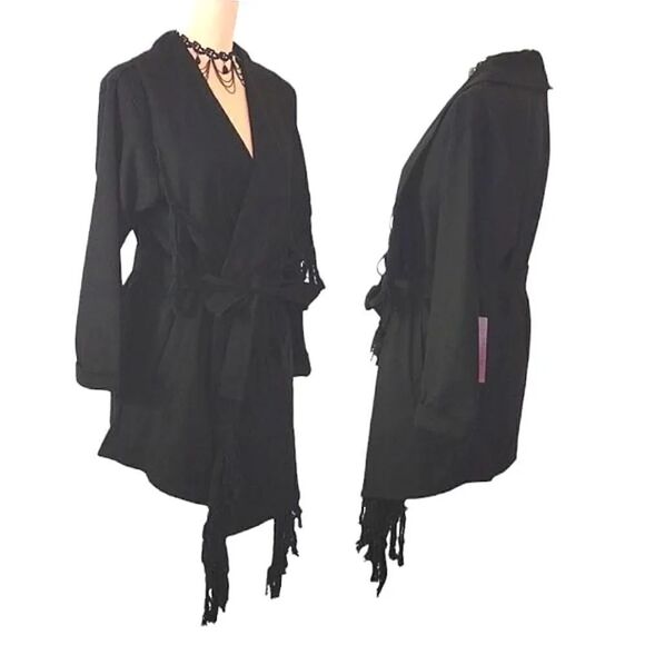 Y2K Black Western Chic Front Fringe Waterfall Belted Midi Jacket Small NWT - Picture 7 of 17